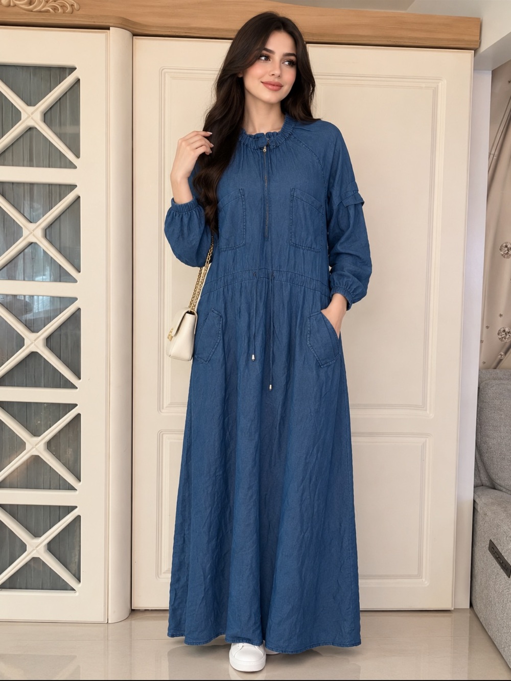 Casual Long Sleeve Maxi Dress in Denim Blue